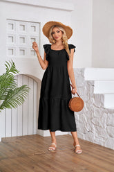 Flying Sleeve Square Neck Off Shoulder Pleated Hem Dress AAKA-001